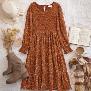 Bohme XL Rust Floral Smocked Maxi Dress Boho Cottagecore